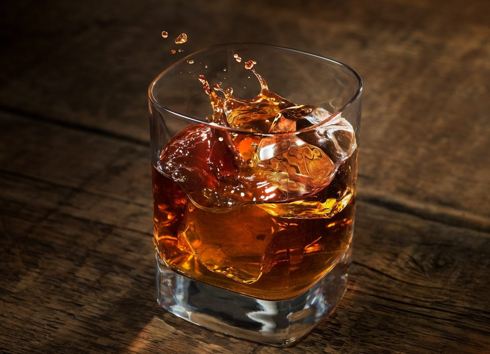 Whisky en las rocas con splash en movimiento